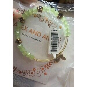 Alex and Ani Stackable Green Beaded Wire Bangle Charm Bracelet Gold Tone
